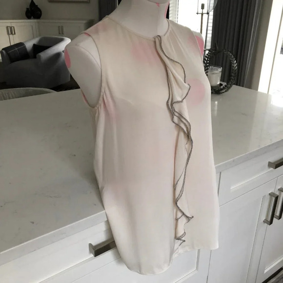 Classiques Entier Sleeveless Round Neck Silk Top w Frill Detail Cream + Blk Sz S - Picture 3 of 11
